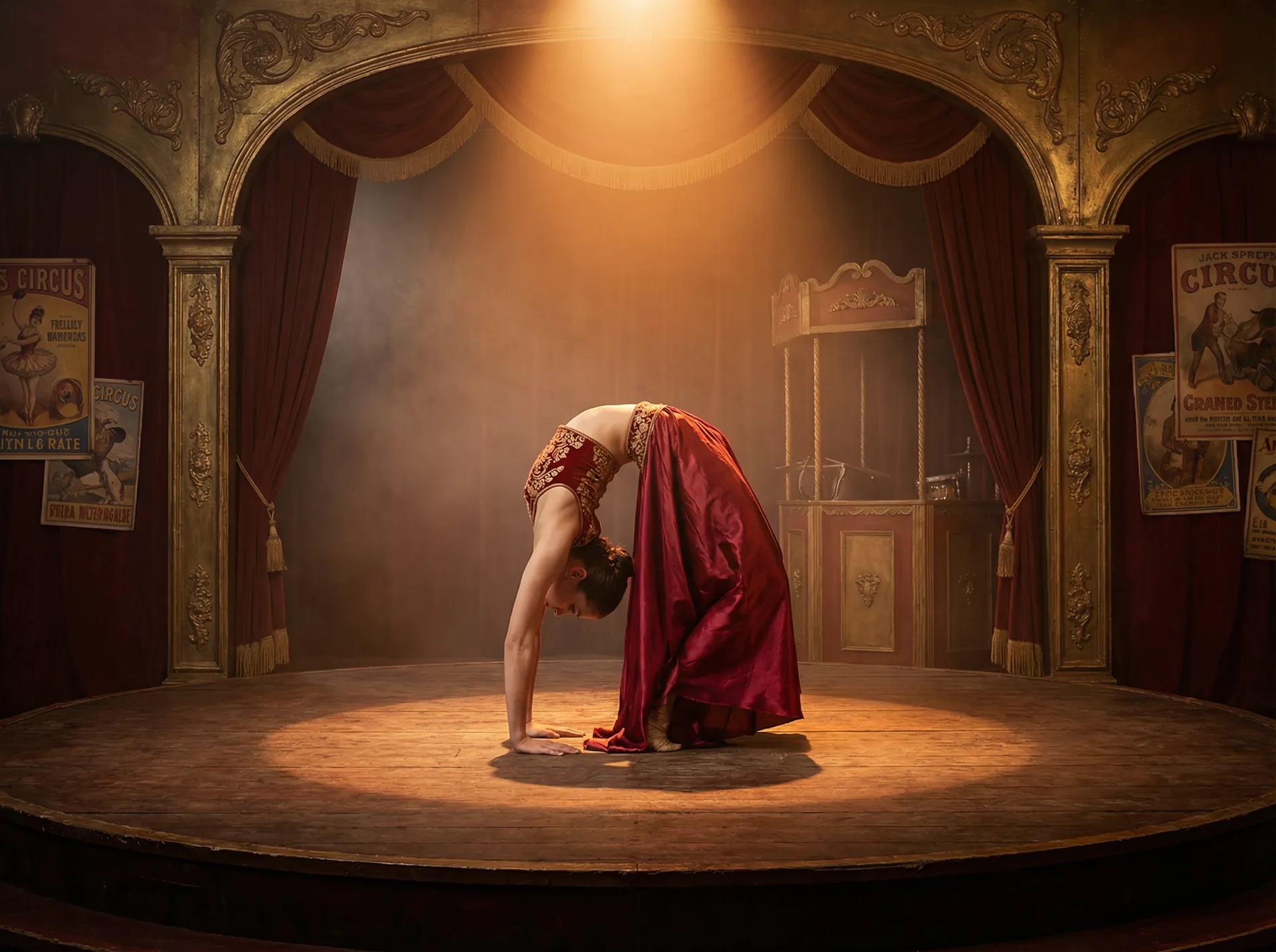 非凡娱乐 - 柔术表演者在复古舞台上展示极致柔韧性